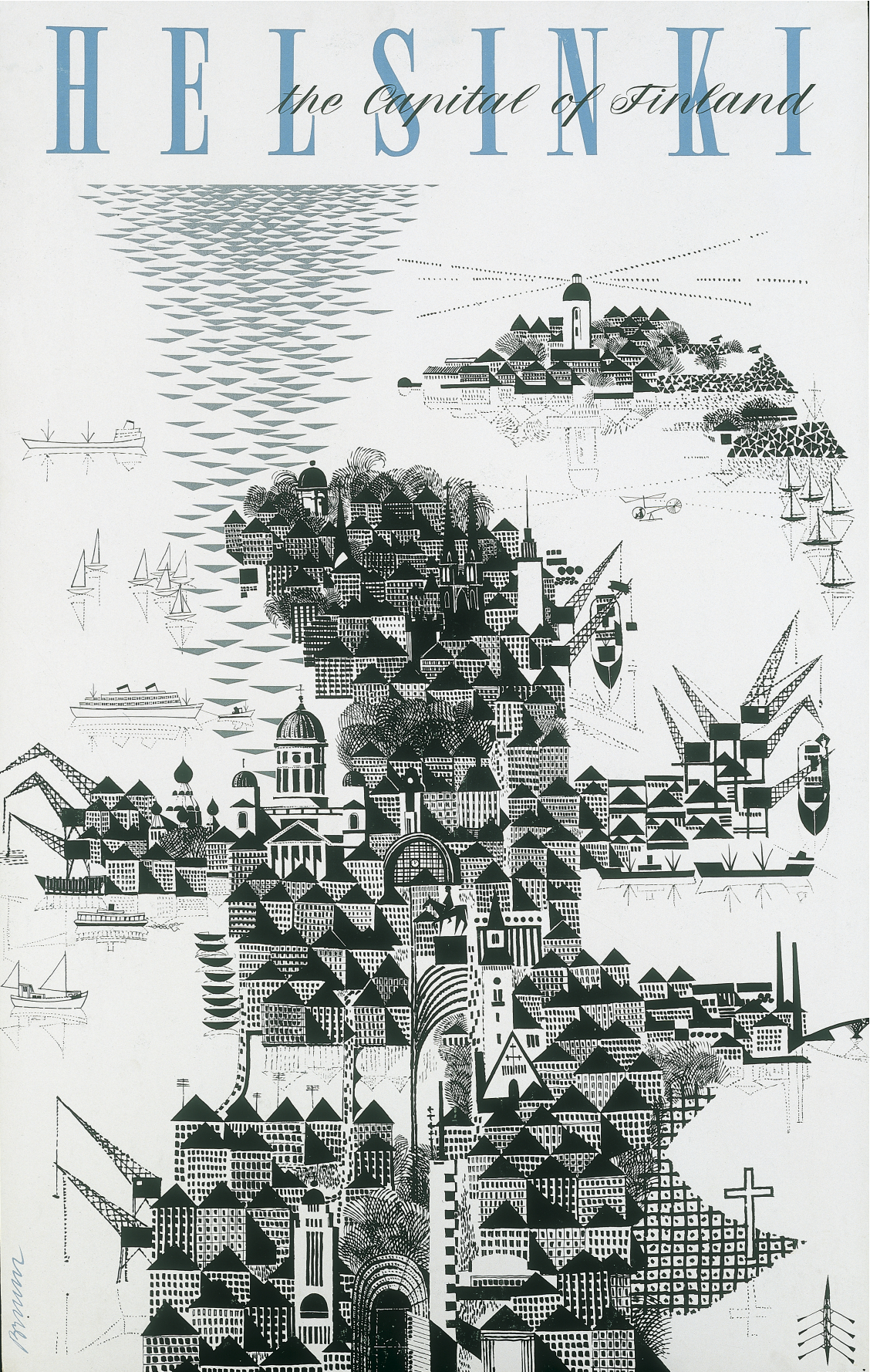 Figure 3.0: Helsinki by Erik Brunn, 1962, Reproduced with kind permission. Erik studied at the Institute of Industrial arts from 1944 through to 1949 and his art has become: ‘part of Finland’s cultural heritage’ (Londen, Enegren and Simons, 2008, p. 238). This picture shows Helsinki viewed from above from the north, looking to the south and the sea.