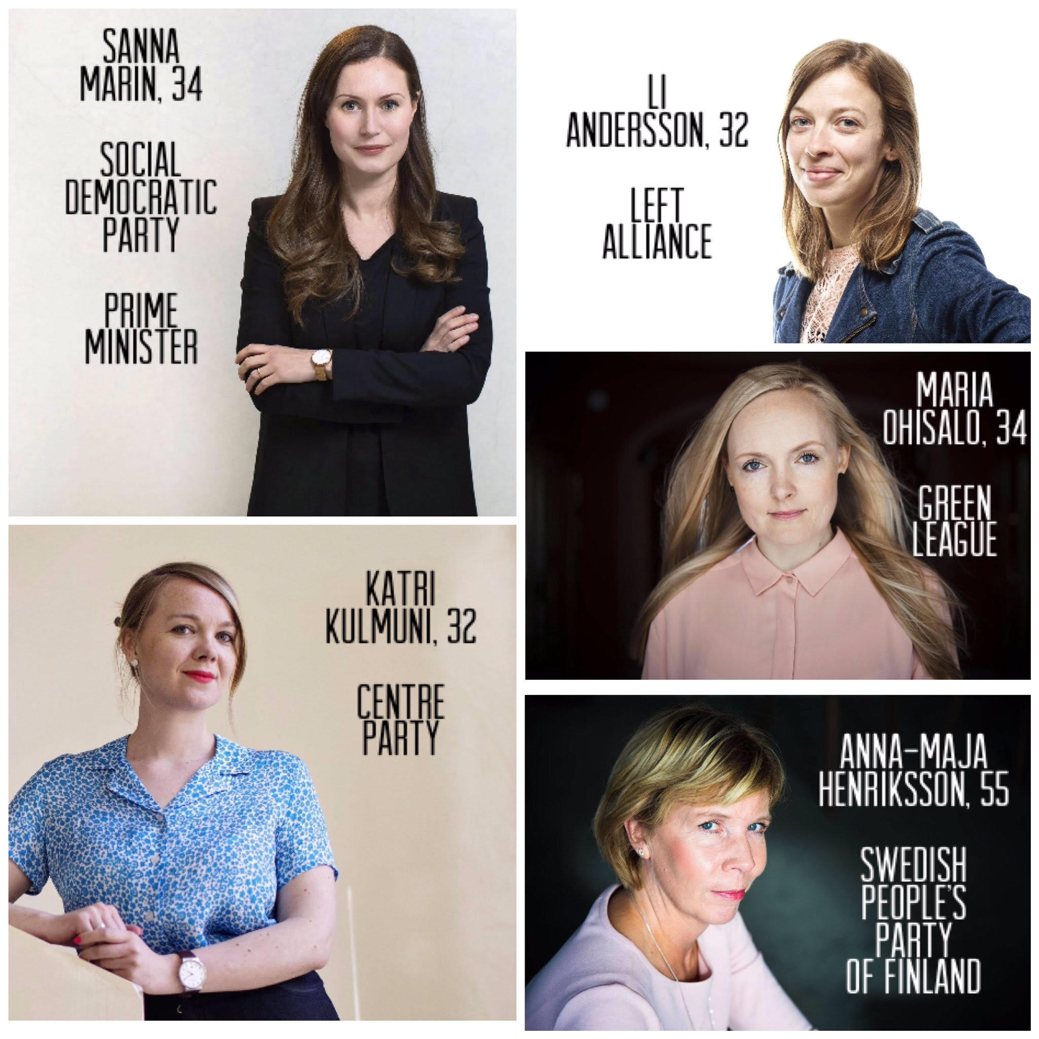 Figure 7.0: The leaders of Finland’s five coalition parties in power in December 2019
Note – this image was widely circulated in a popular tweet, that ‘went viral’ upon Sanna Marin becoming prime minister on 10 December 2019. People around the world immediately commented on all five being women and four being in their early thirties.
Source: Tuomas Niskakangas (2019), Tweet with the caption: Finland’s government is now led by these five party leaders, https://twitter.com/hashtag/newgeneration?src=hash (8 December).