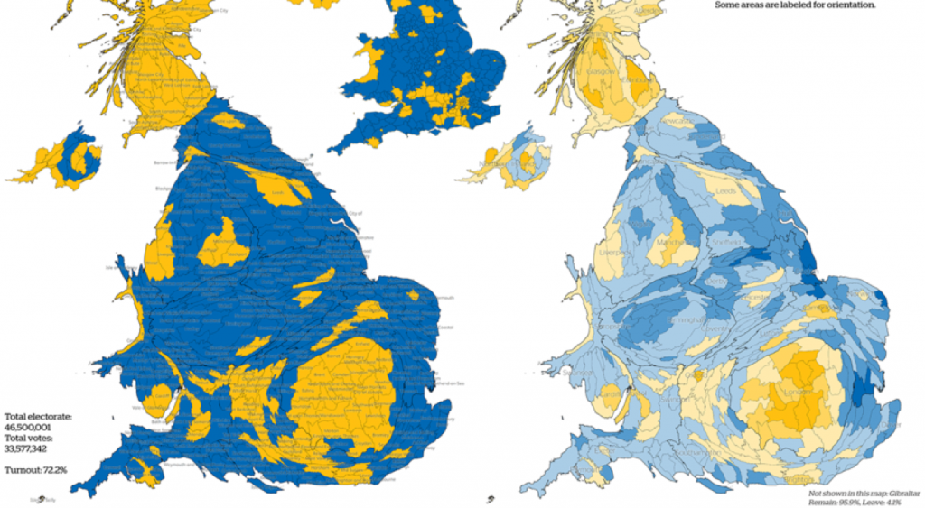 Areas are shaded by whether a majority who voted voted to Leave or Remain and also by the proportions voting in these ways