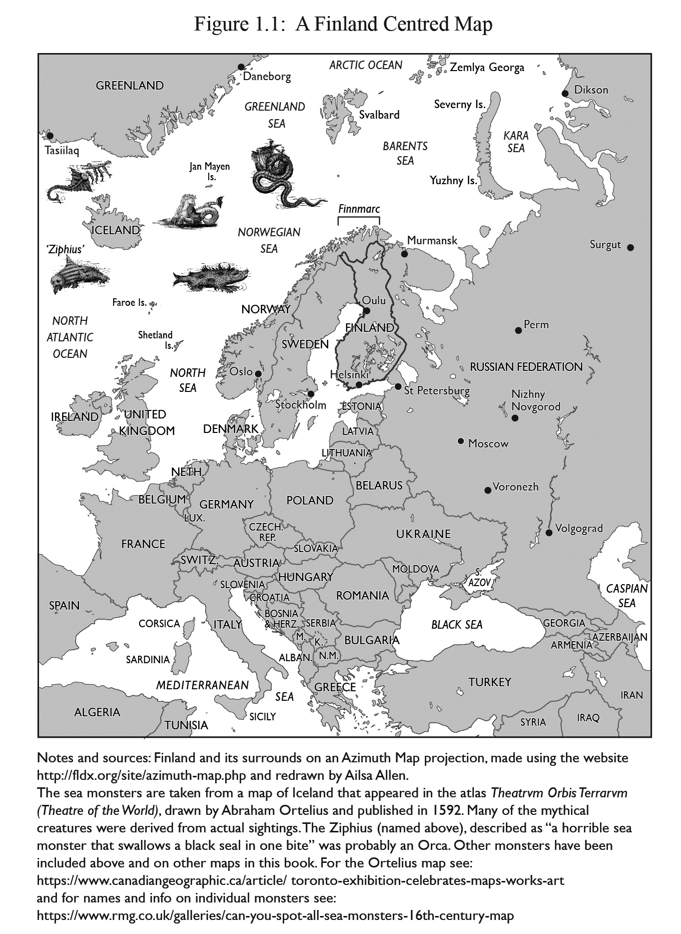 Figure 1.1: Caption: Notes and sources: Finland and its surrounds on an Azimuth Map projection, made using the website http://fldx.org/site/azimuth-map.php and redrawn by Ailsa Allen. The sea monsters are taken from a map of Iceland that appeared in the atlas Theatrvm Orbis Terrarvm (Theatre of the World), drawn by Abraham Ortelius and published in 1592. Many of the mythical creatures were derived from actual sightings. The Ziphius, described as “a horrible sea monster that swallows a black seal in one bite” was probably an Orca. For the illustrations see: <a href=