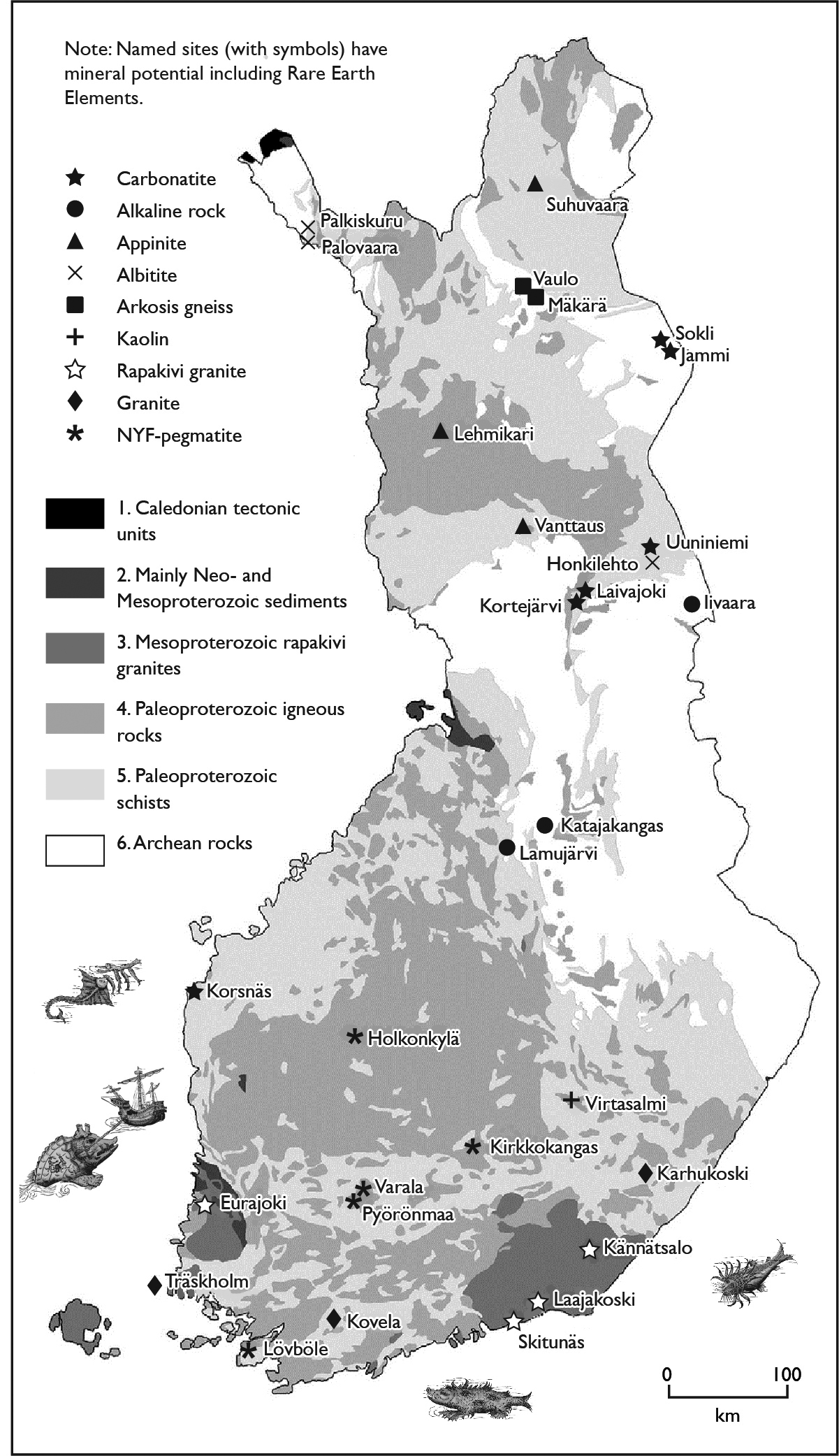 Figure 1.3 (Part II): Sources: Geological timeline redrawn from an original in Nenonen, J. and Portaankorva, A. (2009) The geology of the lakeland Finland area, Helsinki: Geological Survey of Finland, https://www.uef.fi/documents/640649/725289/georeview+finland.pdf Map redrawn from an original that was first published in Sarapää, O., Al Ani, T., Lahti, S., Lauri, L., Sarala, P., Torppa, A., and Kontinen, A. (2013) Rare earth exploration potential in Finland, The Journal of Geochemical Exploration 133, pp.25–41, October 2013.