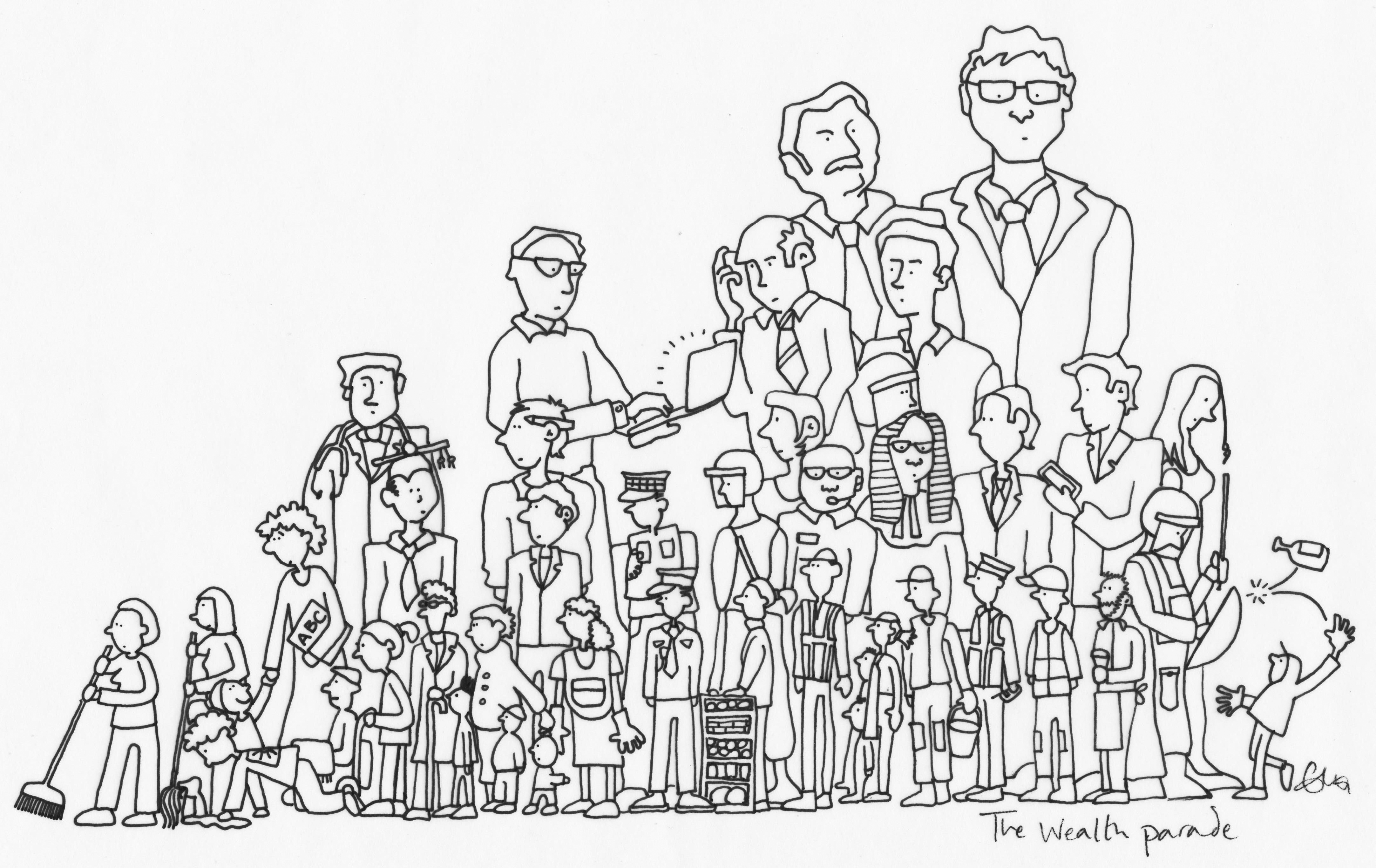 Figure 5.0: “The wealth parade” drawn by Ella Furness in 2016 and reproduced here with kind permission. Ella is currently working as a Research Associate (Cyswllt Ymchwil) in the Sustainable Places Research Institute (Sefydliad Ymchwil Mannau Cynaliadwy) at the University of Cardiff, in Wales (Prifysgol Caerdydd). This is one of many illustrations she drew for ‘A Better Politics’ (Dorling, 2016).