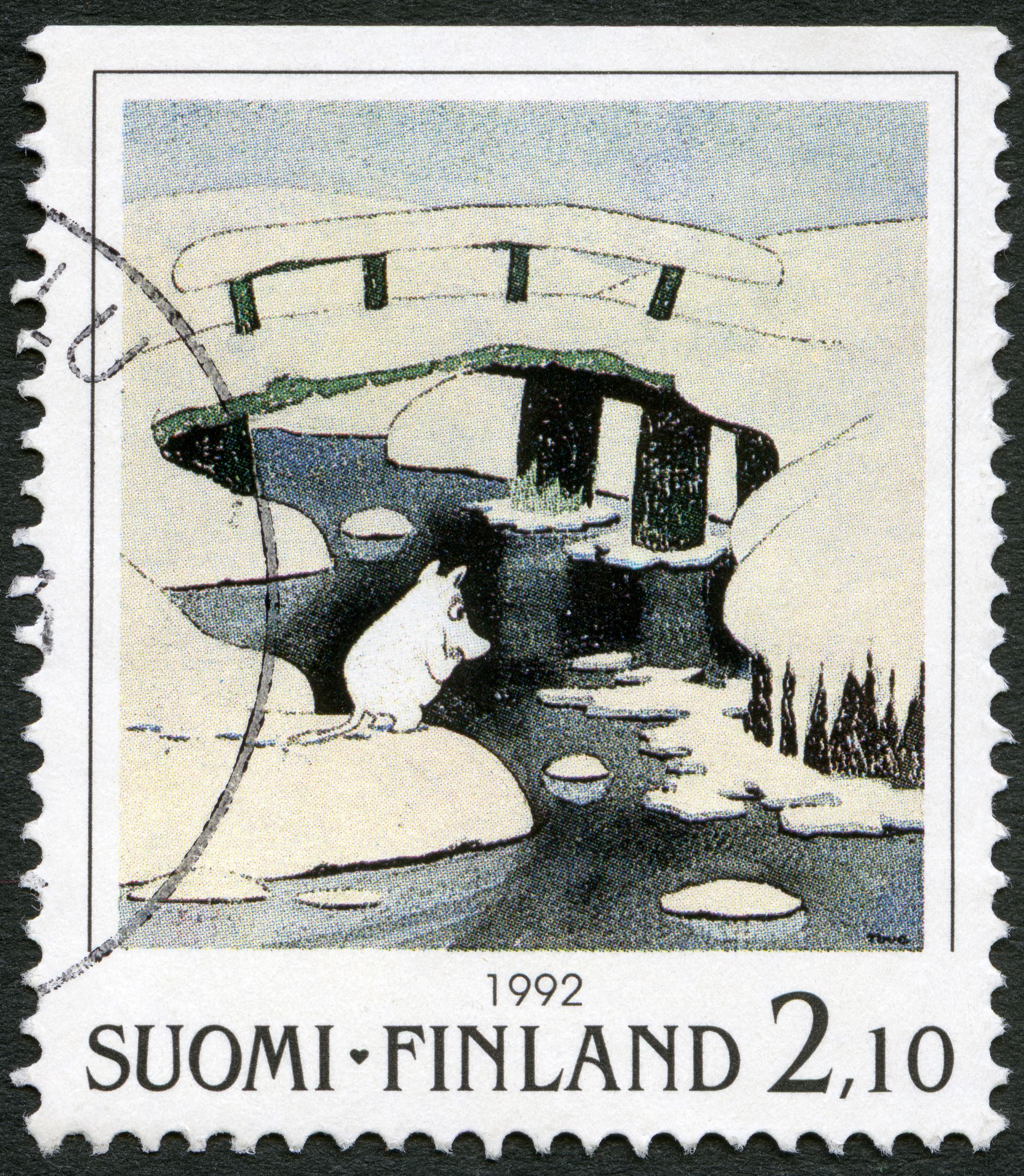 Figure 9.0: Stamp circa 1992 printed in Finland, showing the main Moomin cartoon character overlooking a melting river during the winter, looking worried. By Tove Jansson: 