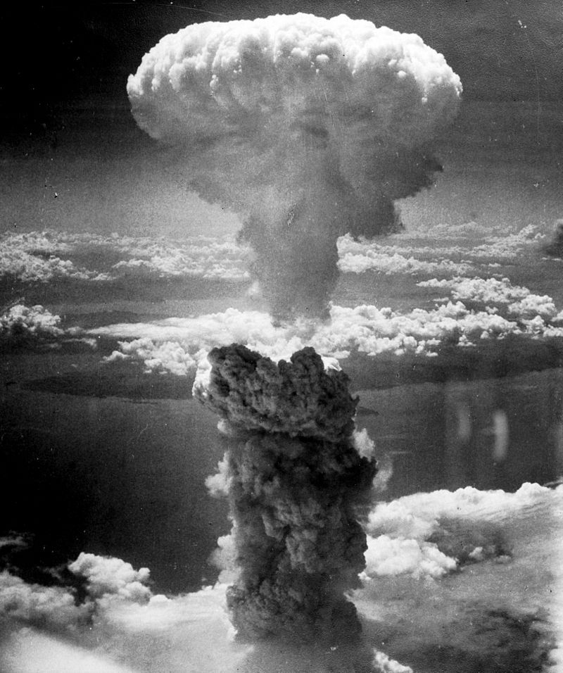 Mushroom cloud above Nagasaki after atomic bombing on August 9, 1945.