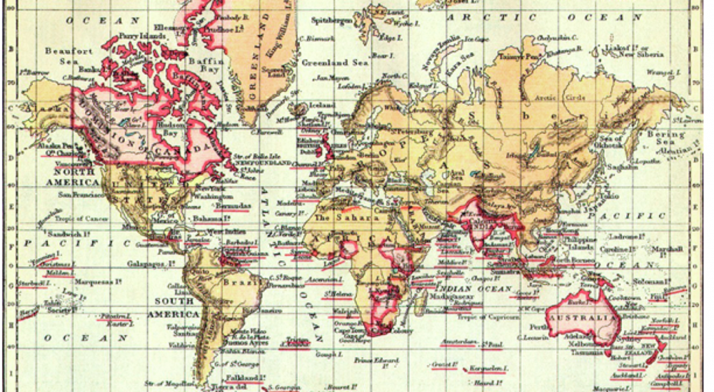 Old map of the maximum extent of the British Empire