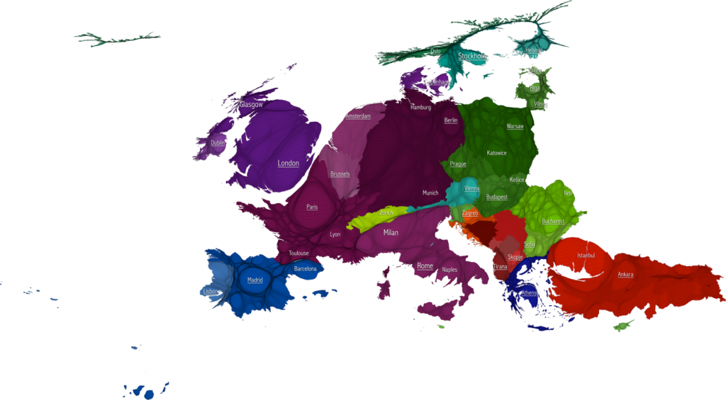 Major Cities of Europe labelled on an equal population cartogram