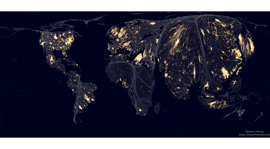 The 'Earth At Night' composite satellite image drawn upon an equal population cartogram