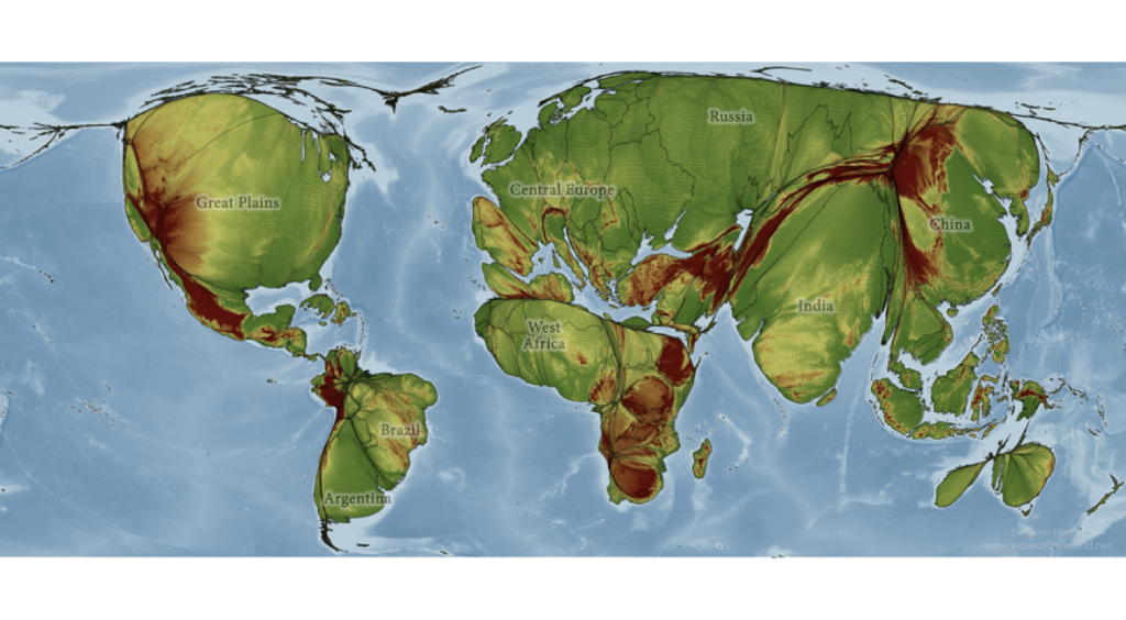 The world shaped with areas drawn in proportion as to whether they are used to produce crops