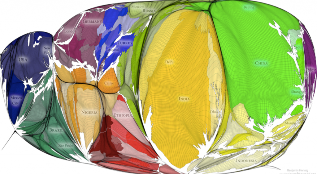 A population cartogram of the world with the seas and oceans shrunk
